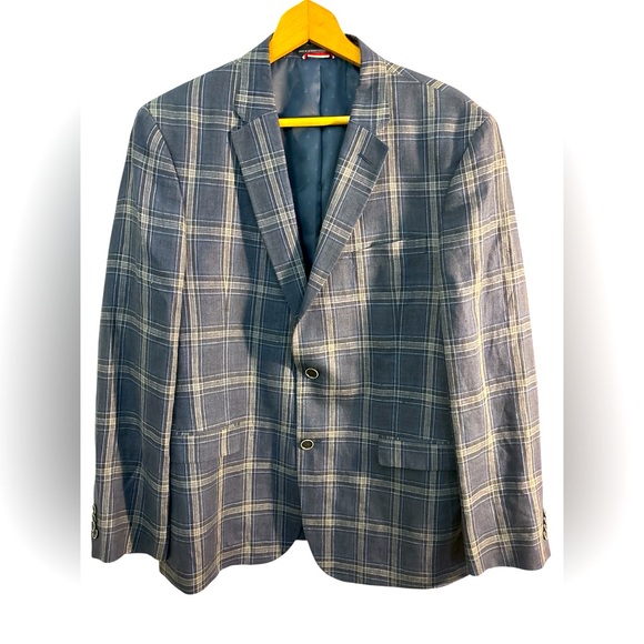 Tommy Hilfiger 100% linen blue Black plaid Preppy sport coat blazer size 42 R